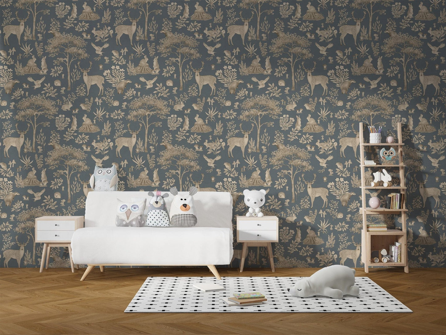 Hand-drawn wildlife wallpaper in blue
