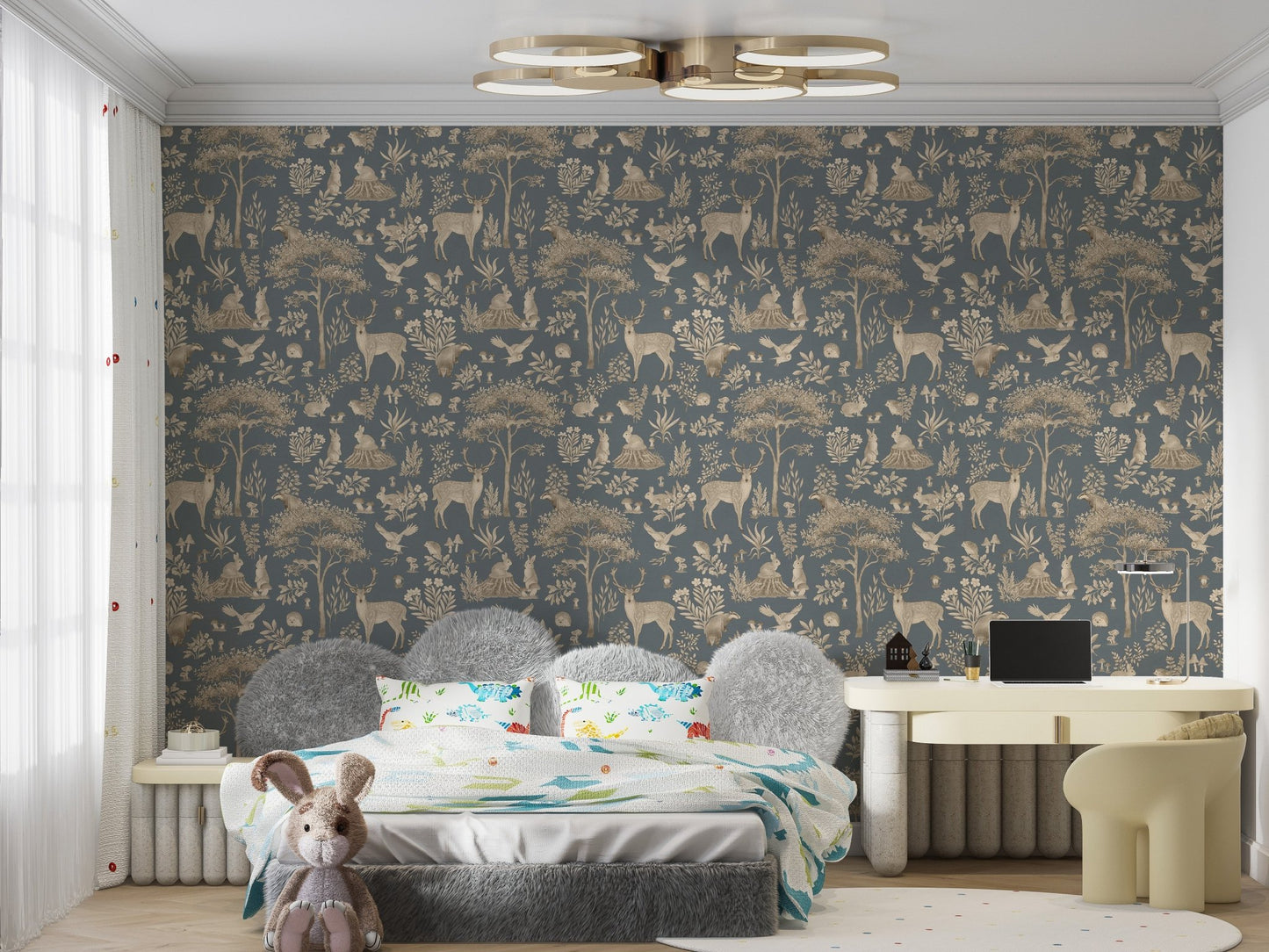 Elegant woodland wallpaper in blue tones
