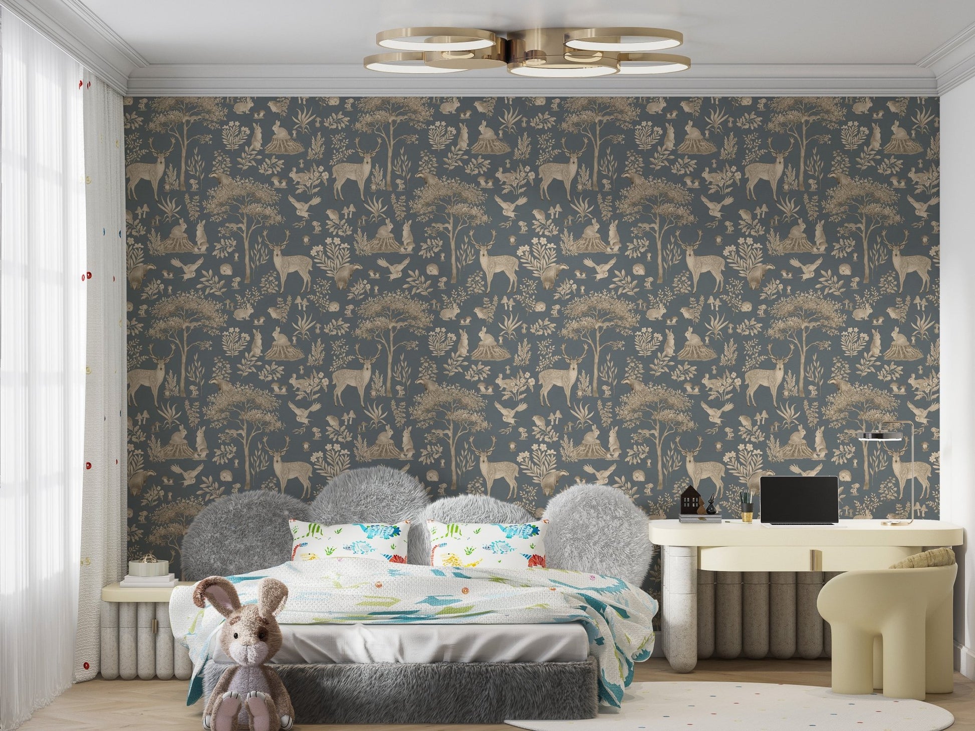 Elegant woodland wallpaper in blue tones
