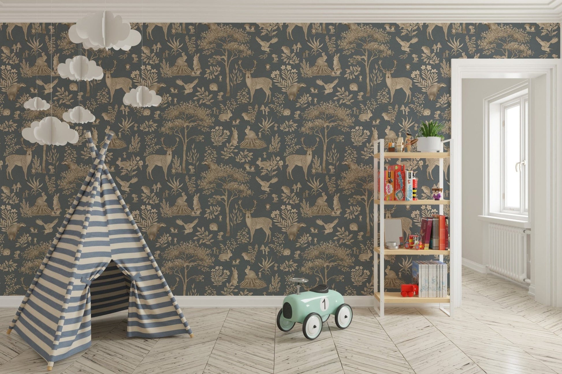 Classic wildlife wallpaper with foliage
