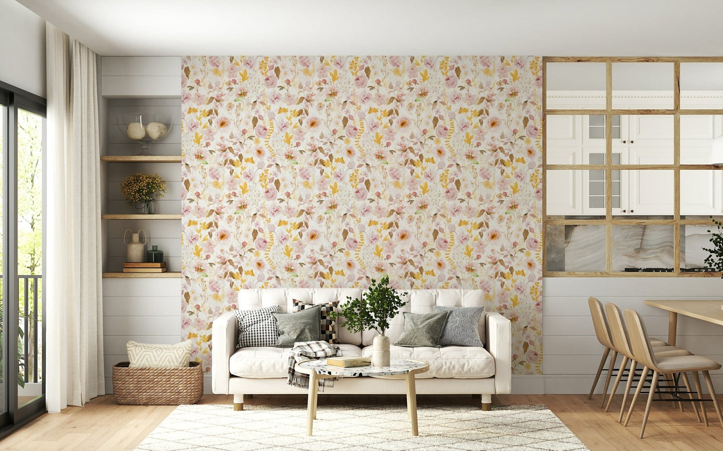 Living room Vintage Blush Rose Garden wall covering aesthetic.
