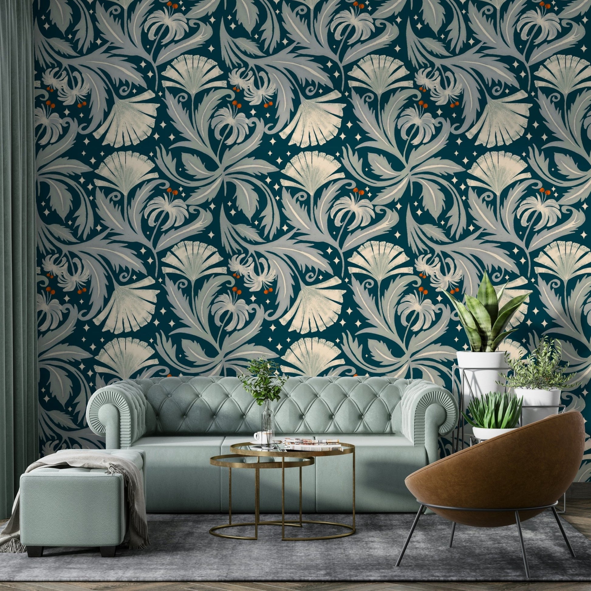 Midnight teal botanical wallpaper decor

