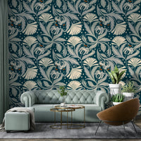 Midnight teal botanical wallpaper decor

