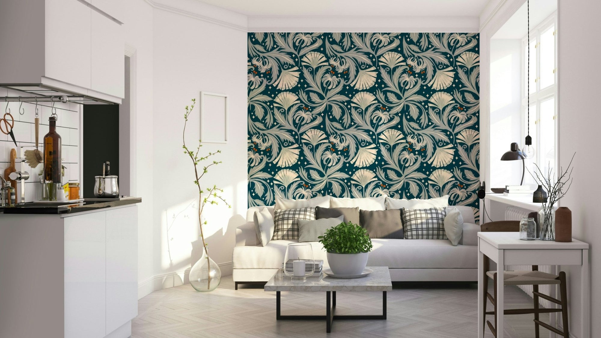 Vintage botanica midnight teal wallpaper, GD1036