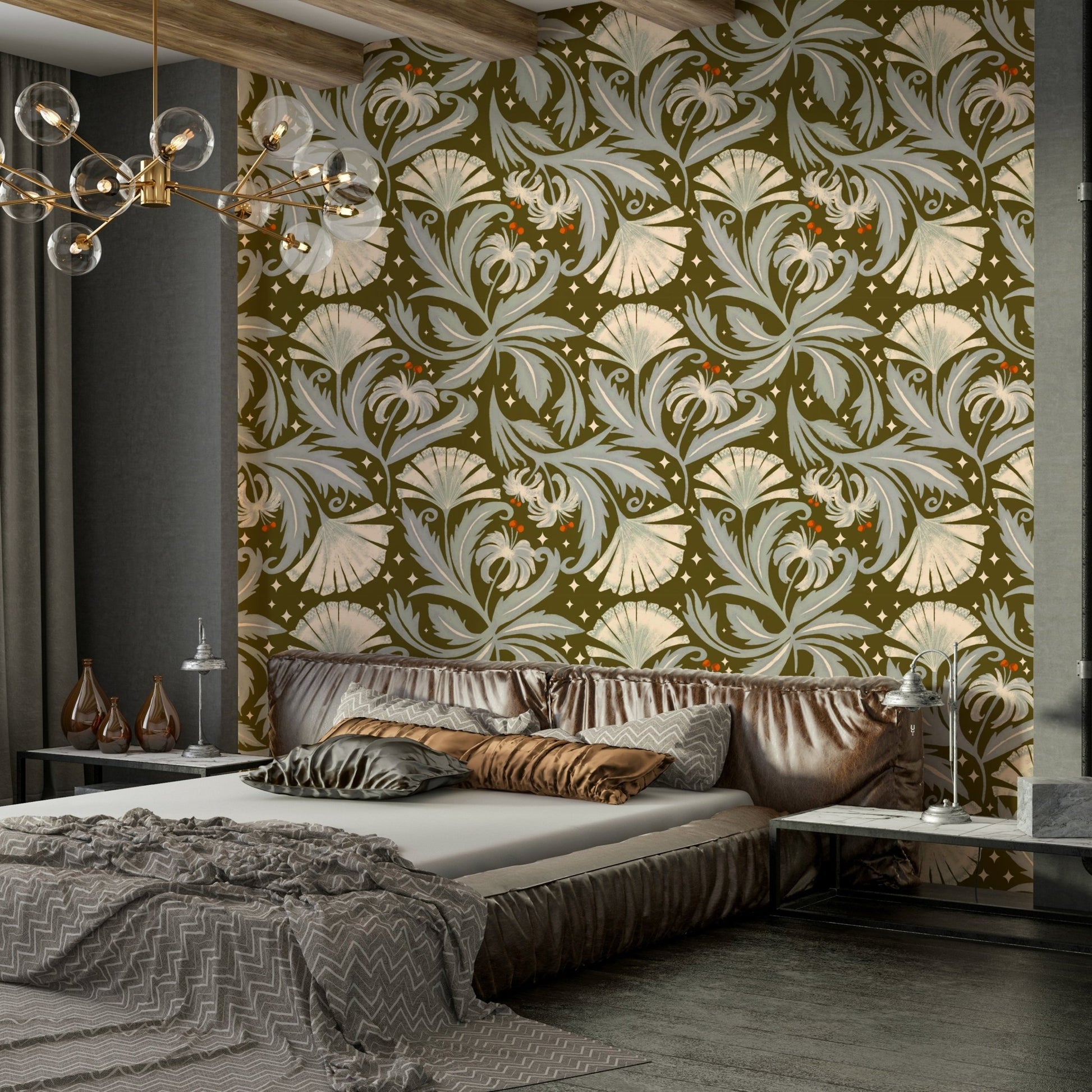 Olive bronze vintage floral wallpaper


