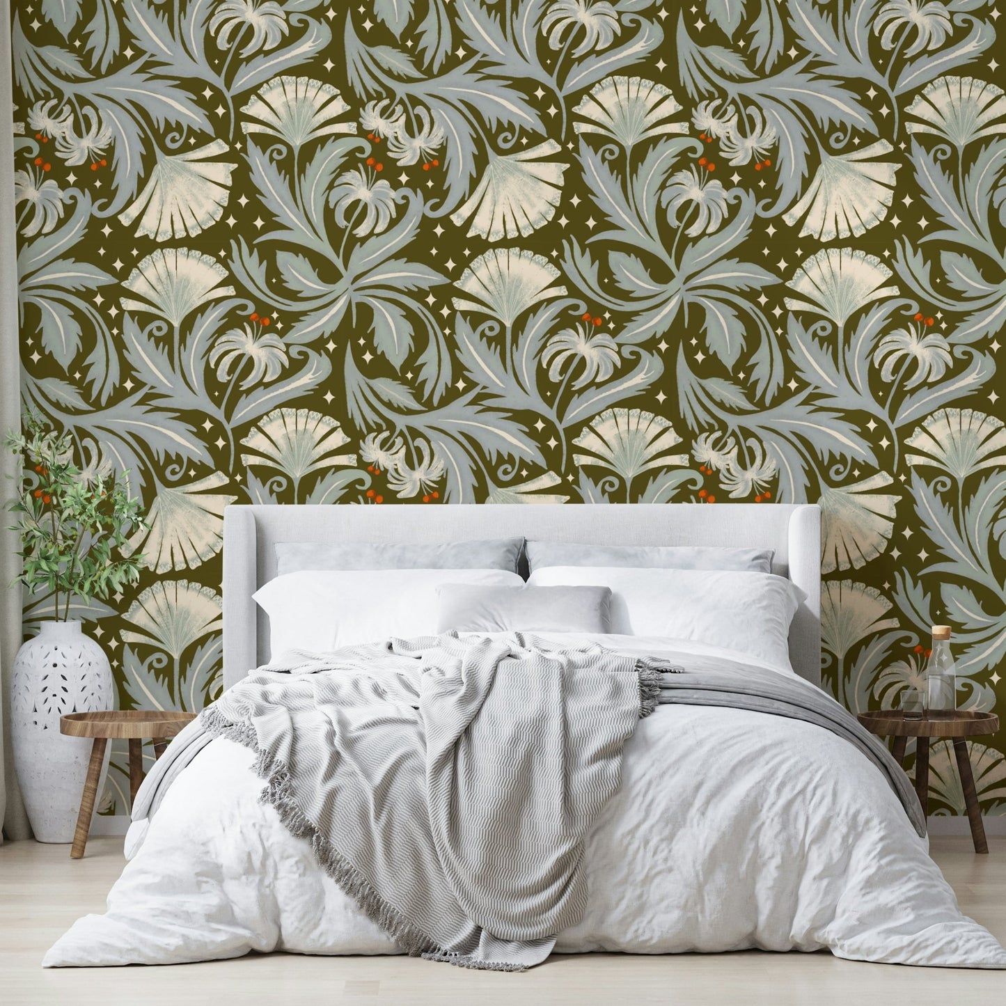 Olive bronze botanical wallpaper decor
