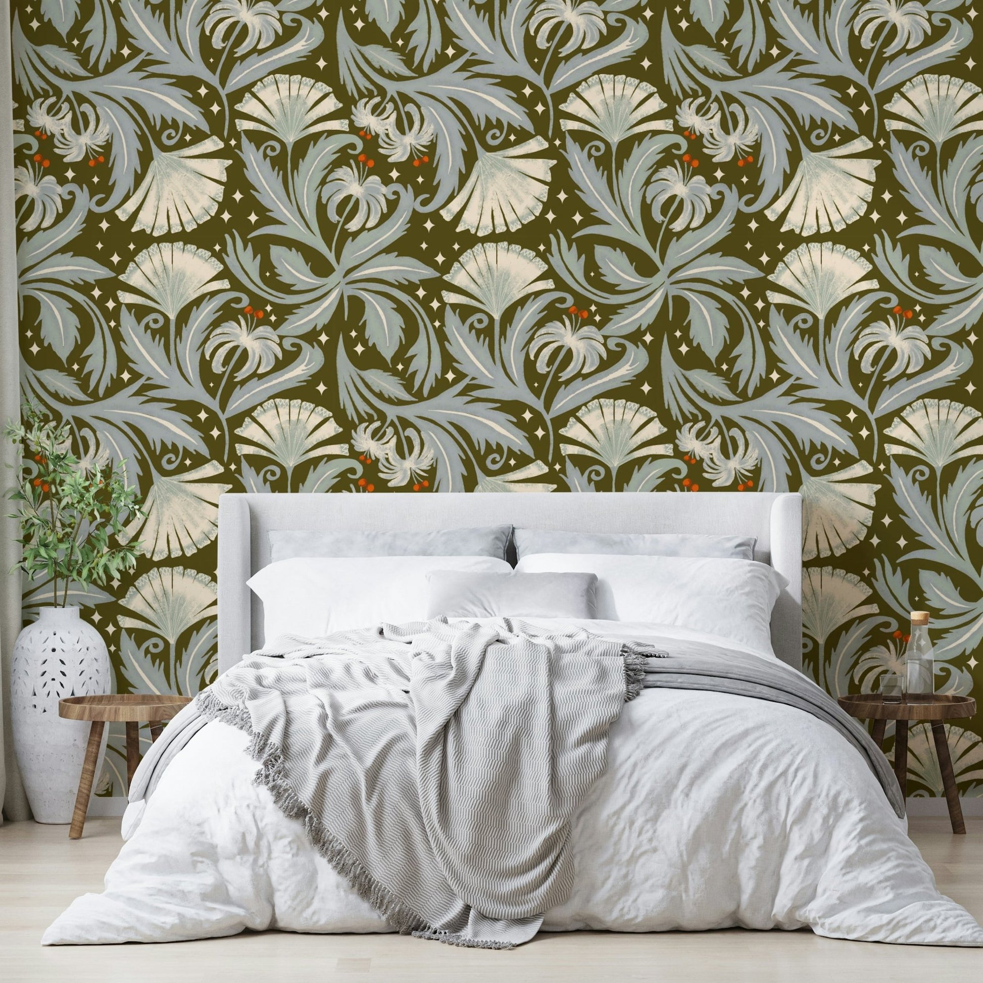 Olive bronze botanical wallpaper decor
