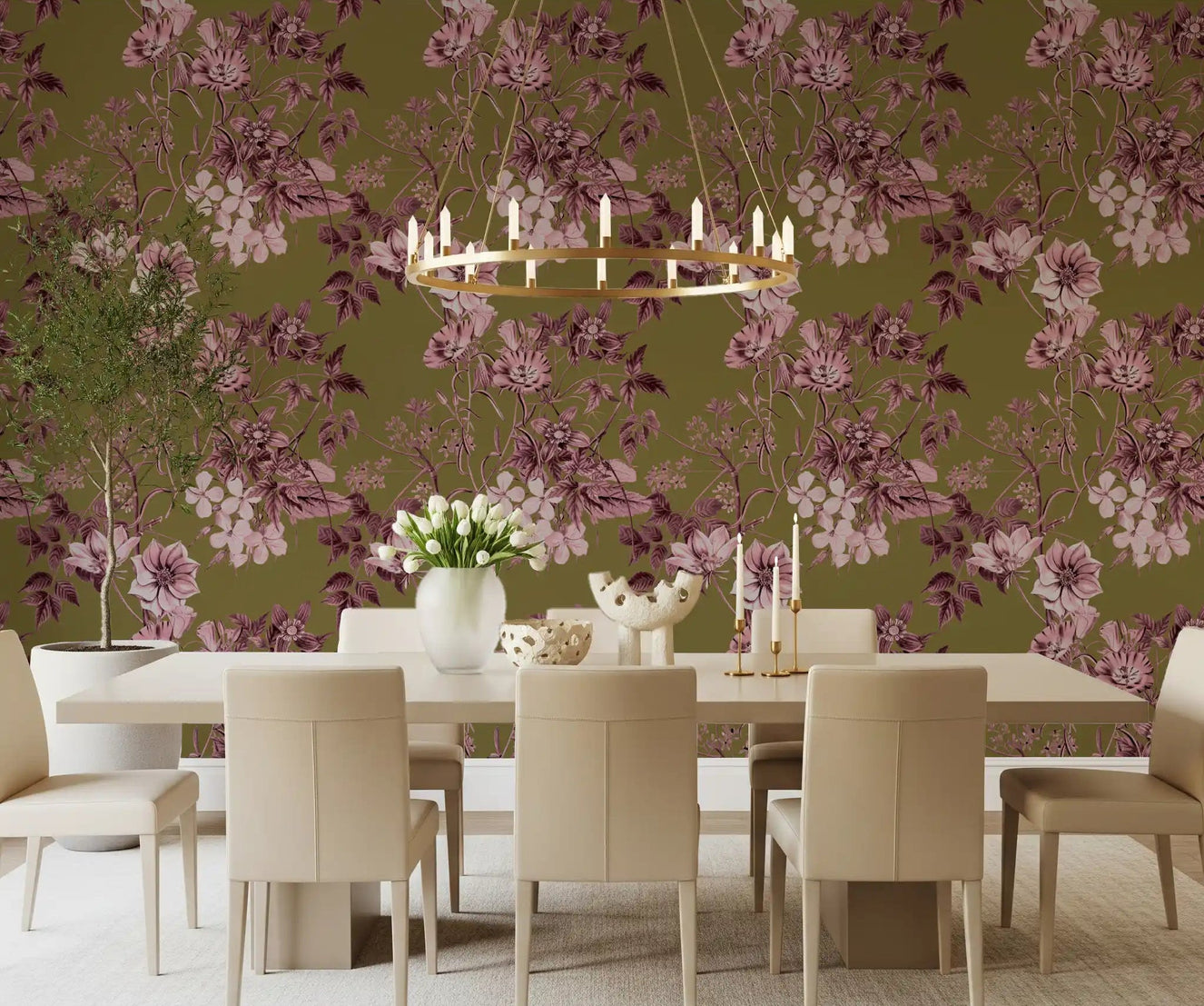 Dining room styled in Botanical Blush wallpaper with soft vintage flower detail