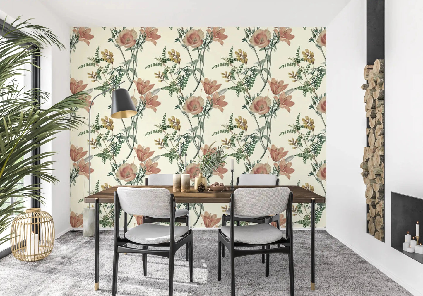Cream-toned Vintage Botanical Flower wallpaper in a Dining room with floral stems
