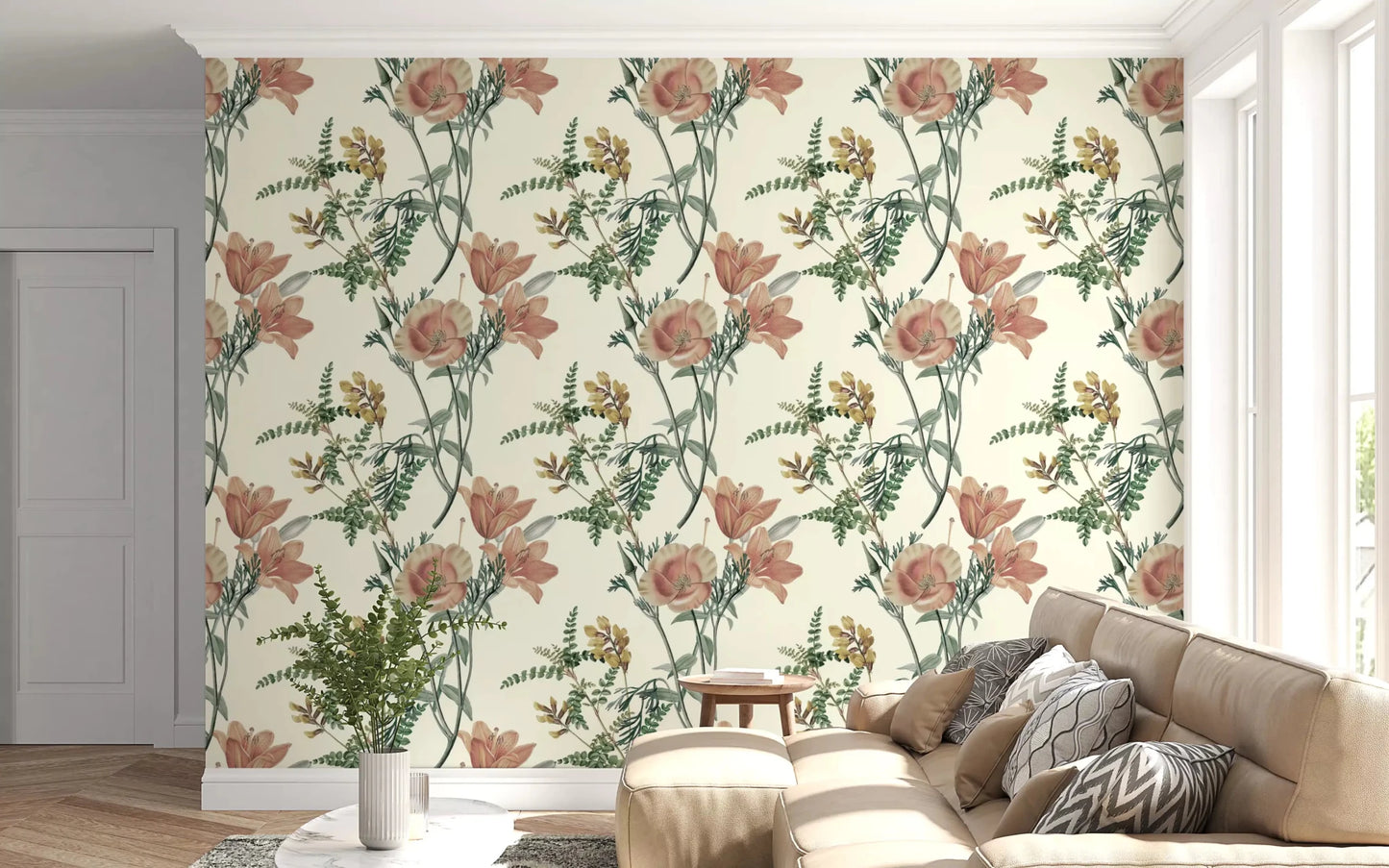 Soft leafy detailing defines Vintage Botanical Flower wallpaper in a hallway