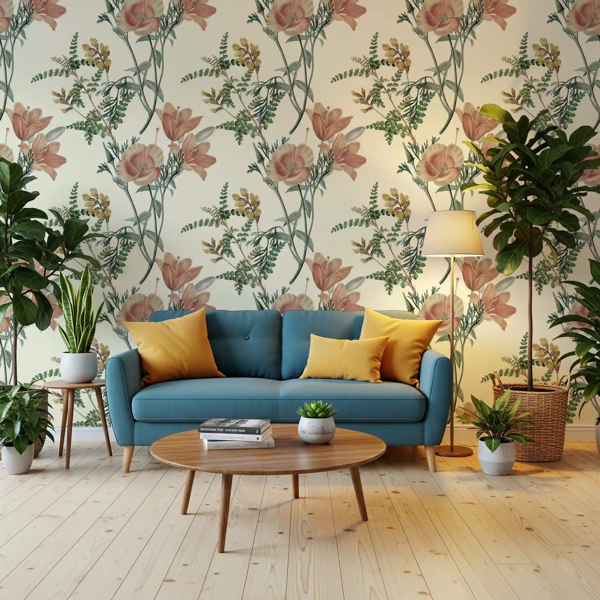 Muted green foliage and peach flowers give this cream wallpaper a calm look
