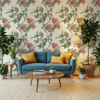 Muted green foliage and peach flowers give this cream wallpaper a calm look