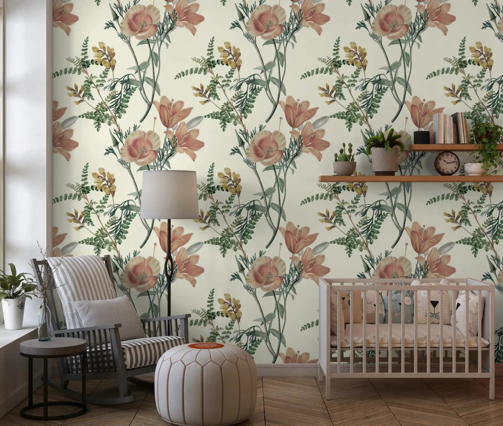 Delicate botanical branches spread across this beige vintage floral wallpaper