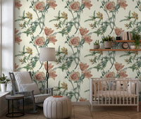 Delicate botanical branches spread across this beige vintage floral wallpaper