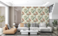 Neutral floral styling appears in this botanical wallpaper with soft leaf patterns