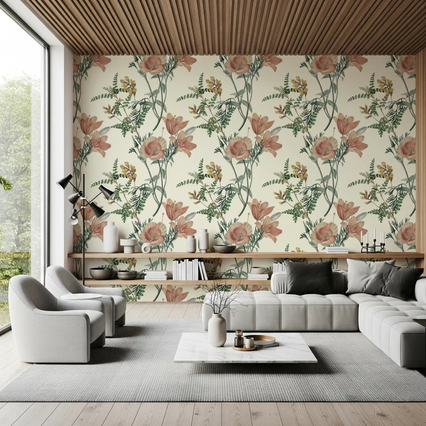 Peach blooms and sage leaves on Vintage Botanical Flower wallpaper in a living room