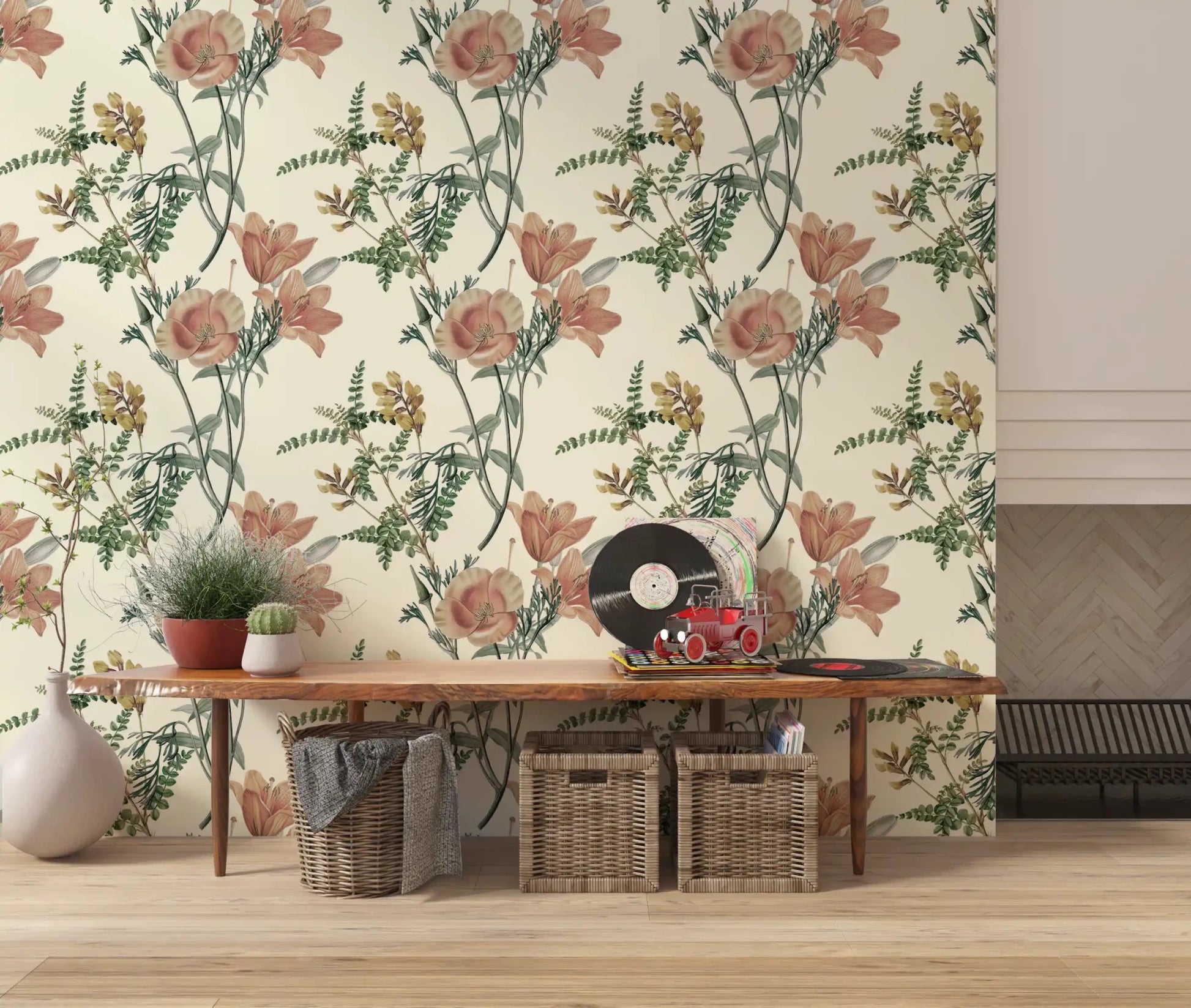 Warm neutral florals shape Vintage Botanical Flower wallpaper in an office