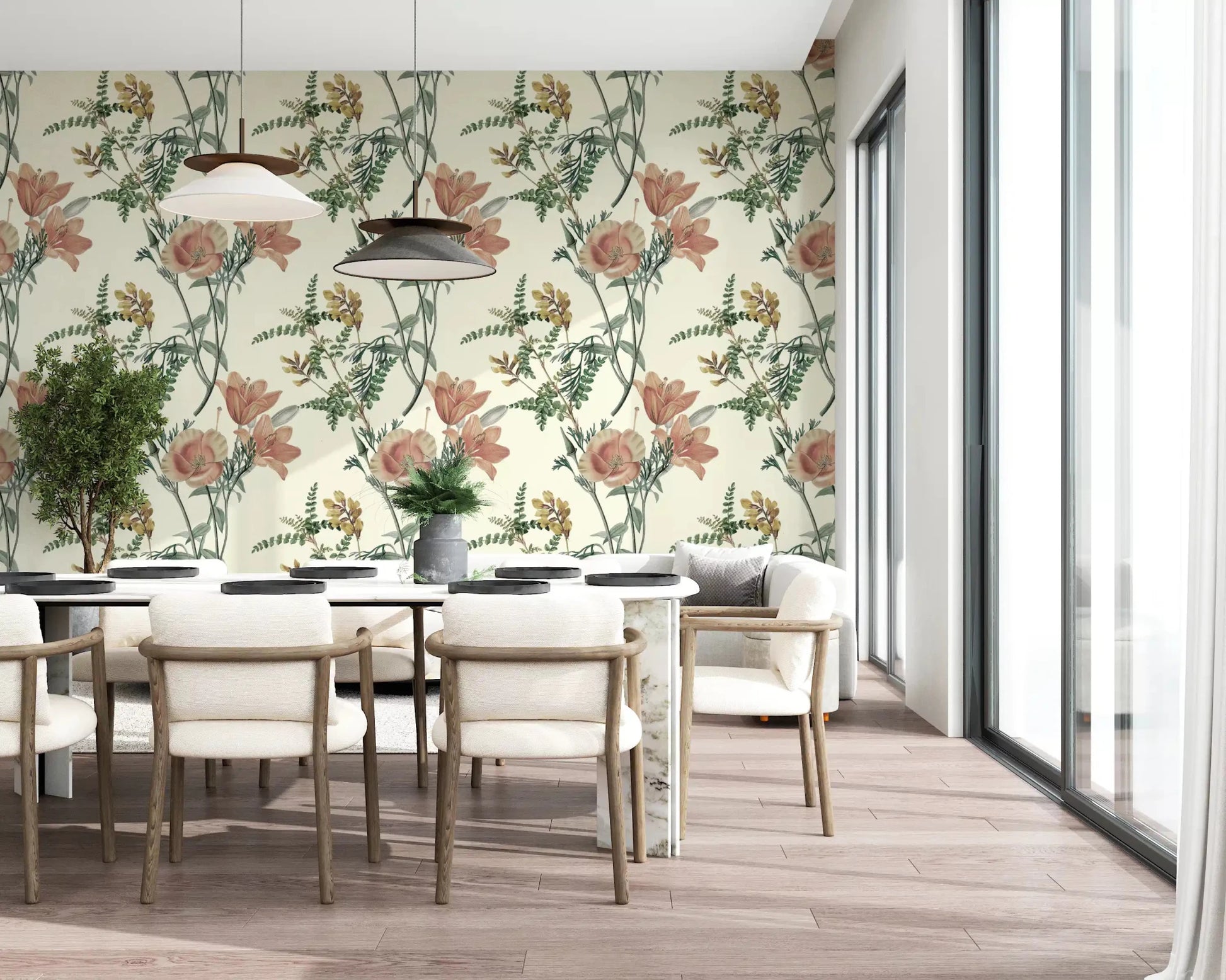 Sketch-style flower stems add detail to this elegant cream floral wallpaper