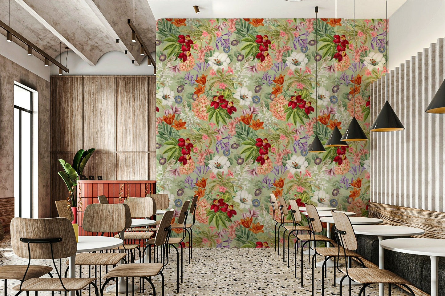 Botanical garden wallpaper featuring vintage floral designs.

