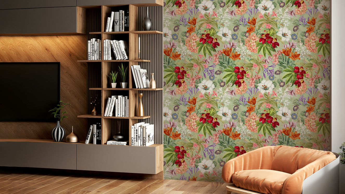 Vintage botanical garden wallpaper with lush greenery.

