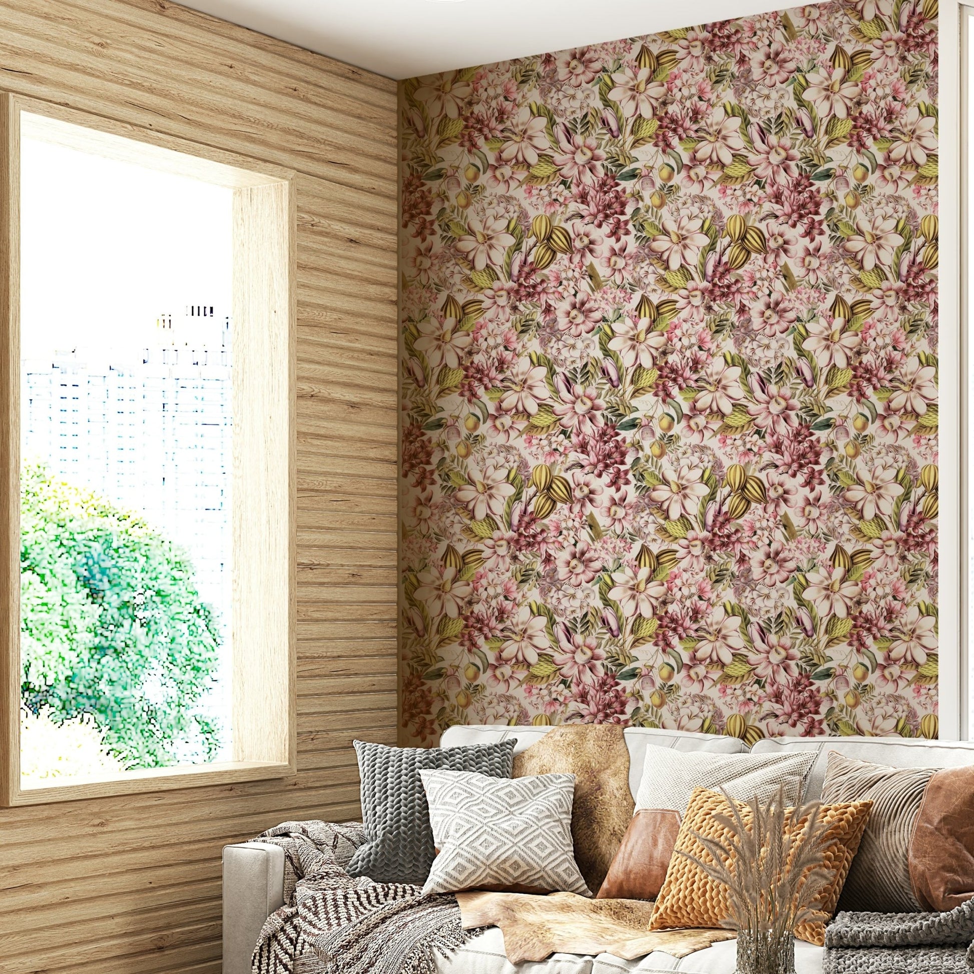Vintage garden wallpaper design with florals and greenery., GD1360