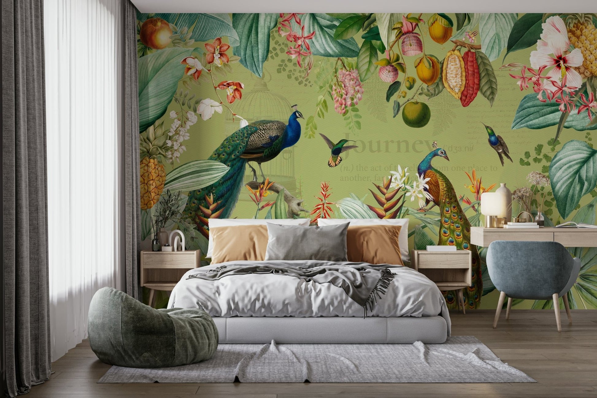 Vintage botanical mural creating a serene paradise.

