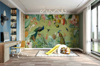 Green vintage botanical wall mural for refreshing spaces.

