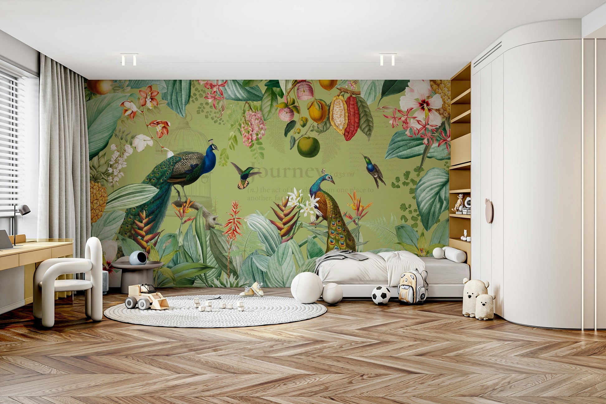 Tropical vintage botanical mural with vintage charm.

