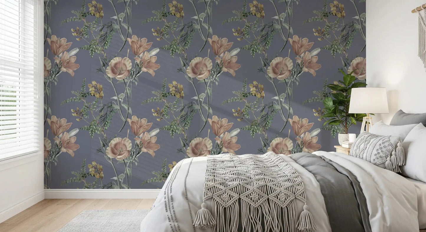 Bedroom styled in Vintage Botanical Serenity Wallpaper on blue base