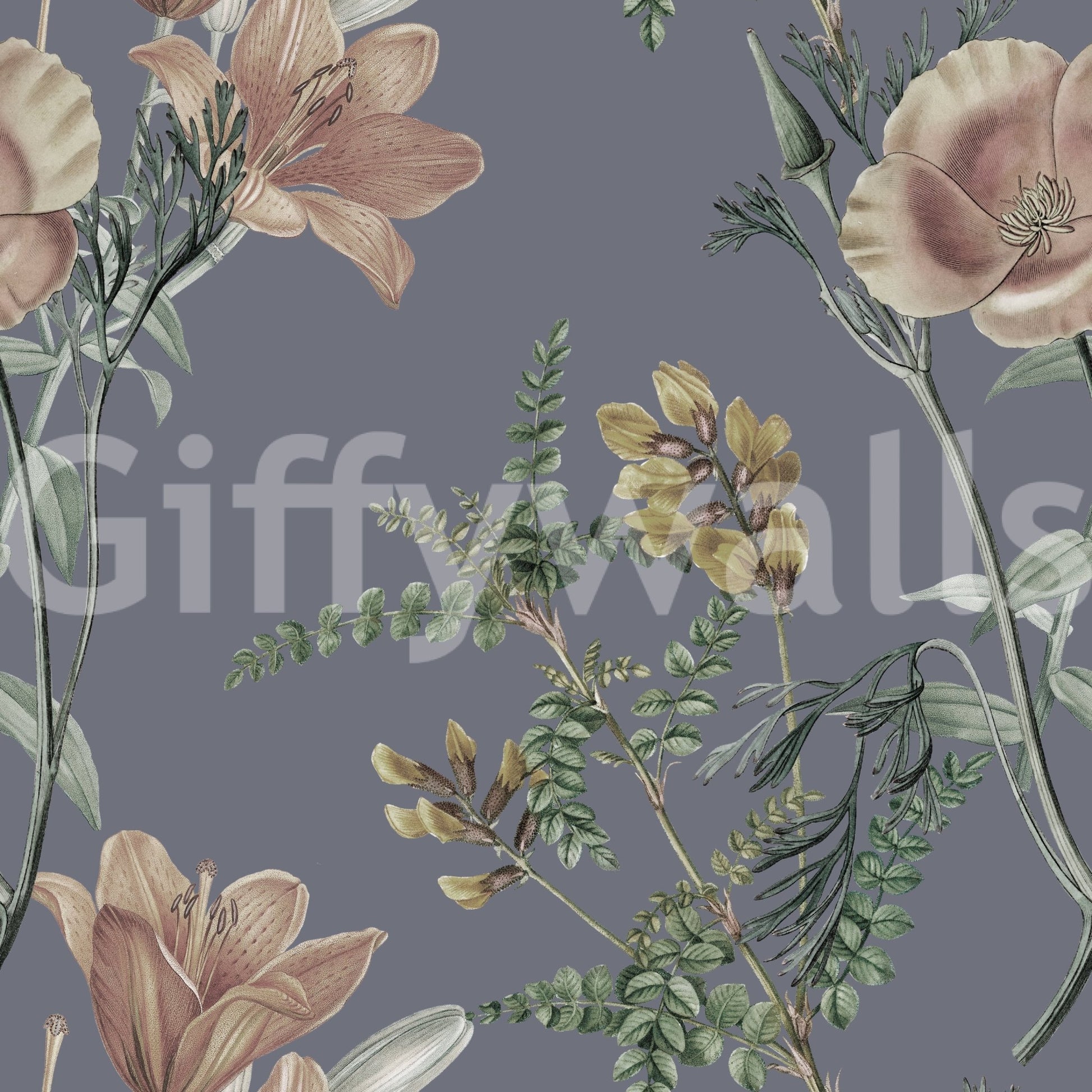 Light branch detailing in Vintage Botanical Wallpaper with muted tones