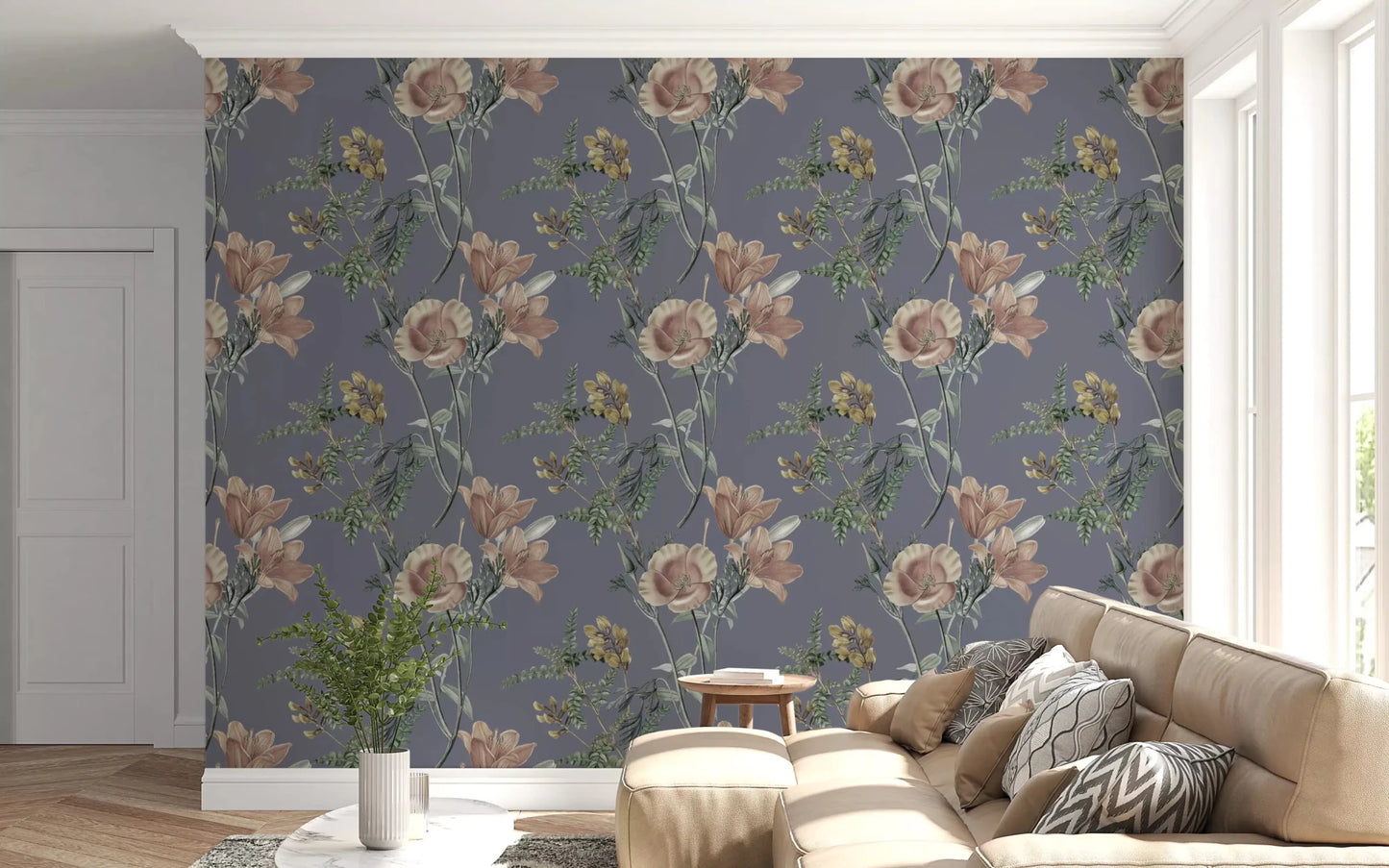 Muted blossoms across Botanical Serenity Wallpaper with green branches