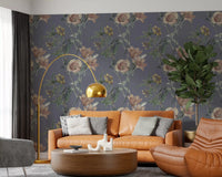 Blue botanical wall in Vintage Botanical printed Wallpaper style