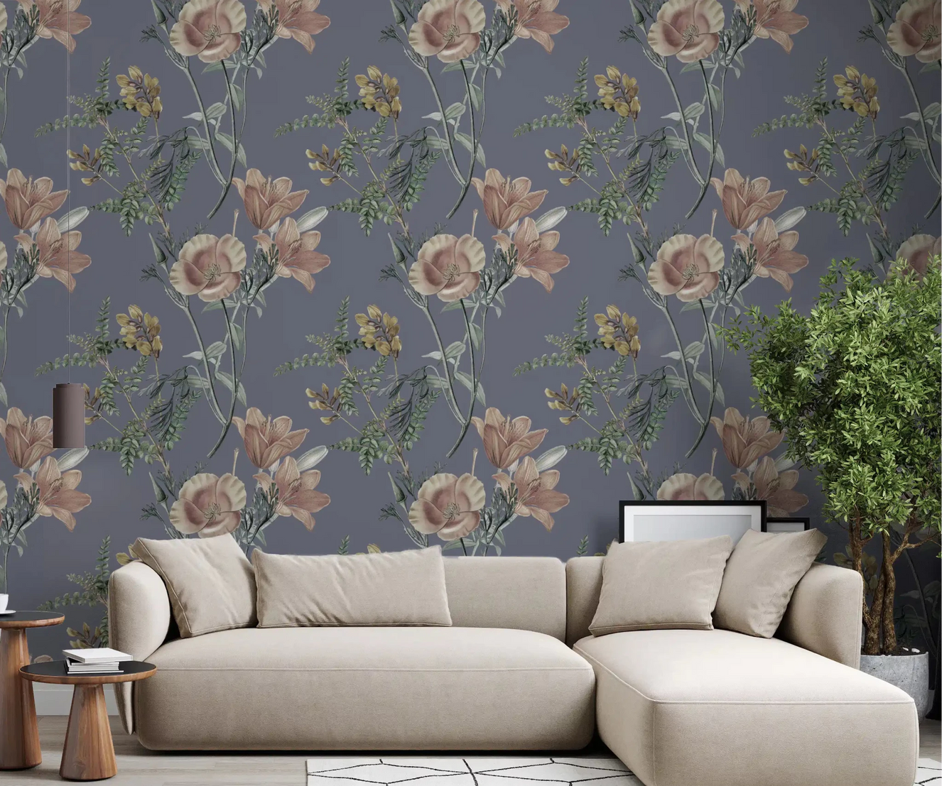 Living room with Vintage Botanical Serenity Wallpaper in soft floral tones
