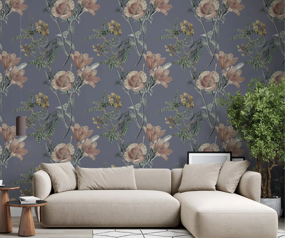 Living room with Vintage Botanical Serenity Wallpaper in soft floral tones, GD9346