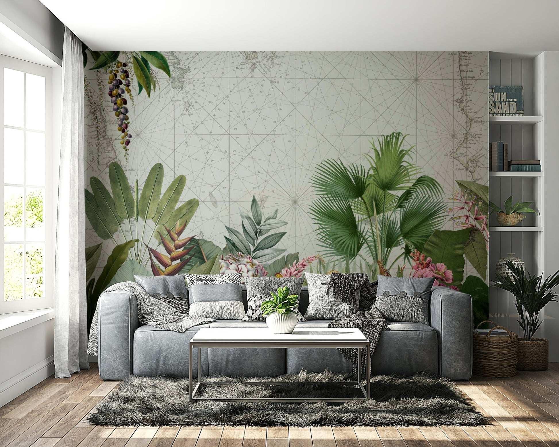 Lush green plants and flowers on vintage-style mural wall


