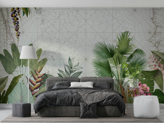 Vintage botanical voyage wall mural with lush greenery, GD1165
