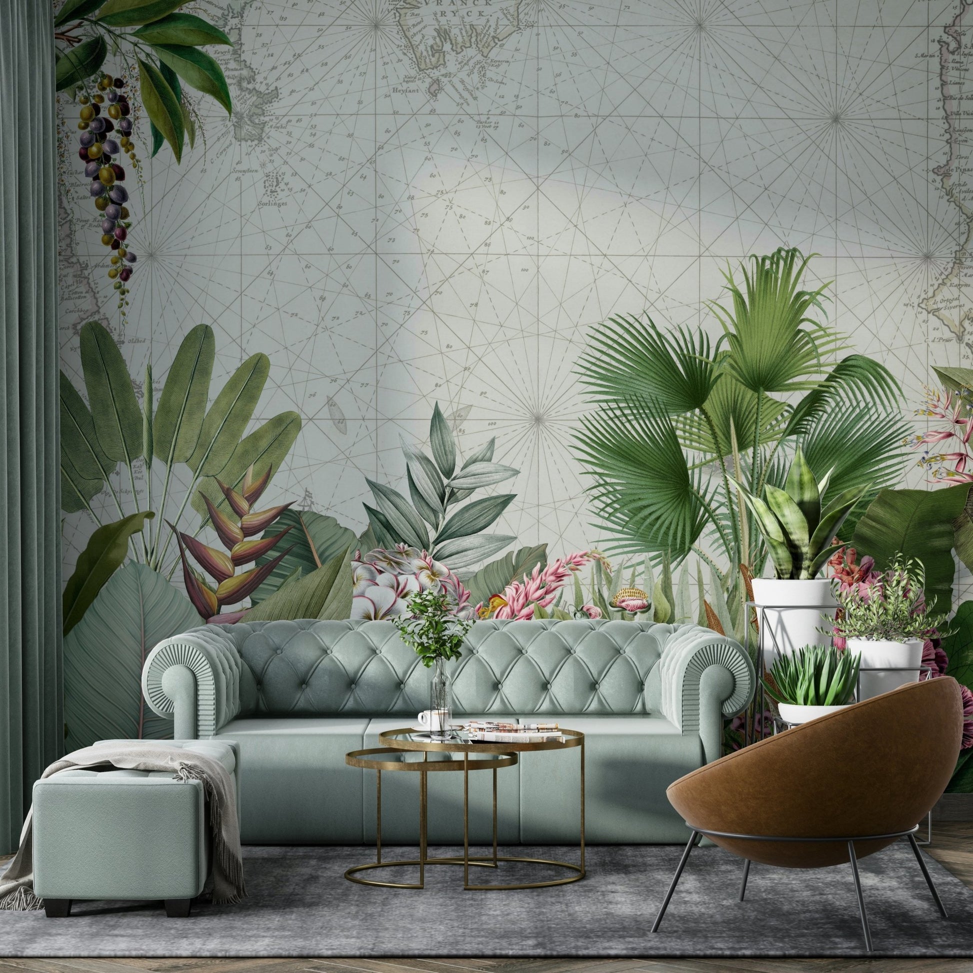 Vintage botanical wall mural enhancing a natural vibe

