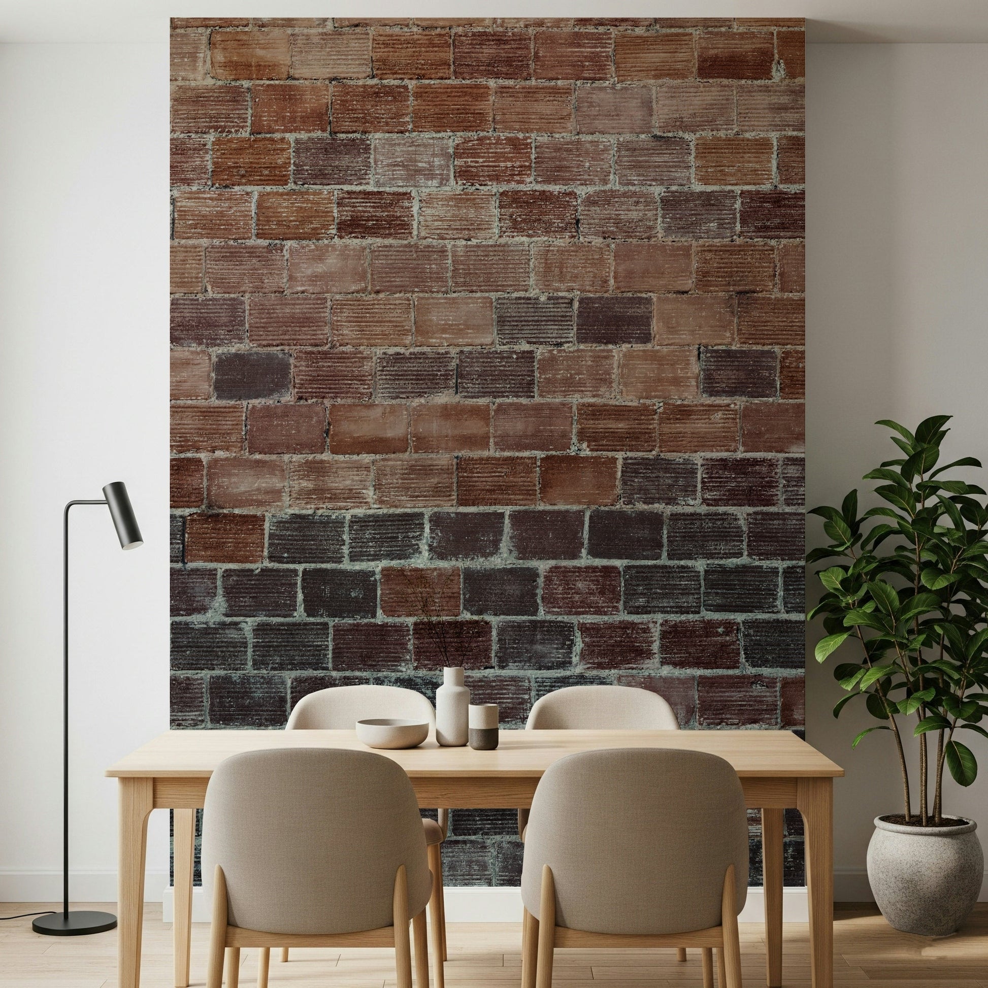 Full view of a living room showcasing the classic Vintage Brick Texture mural.