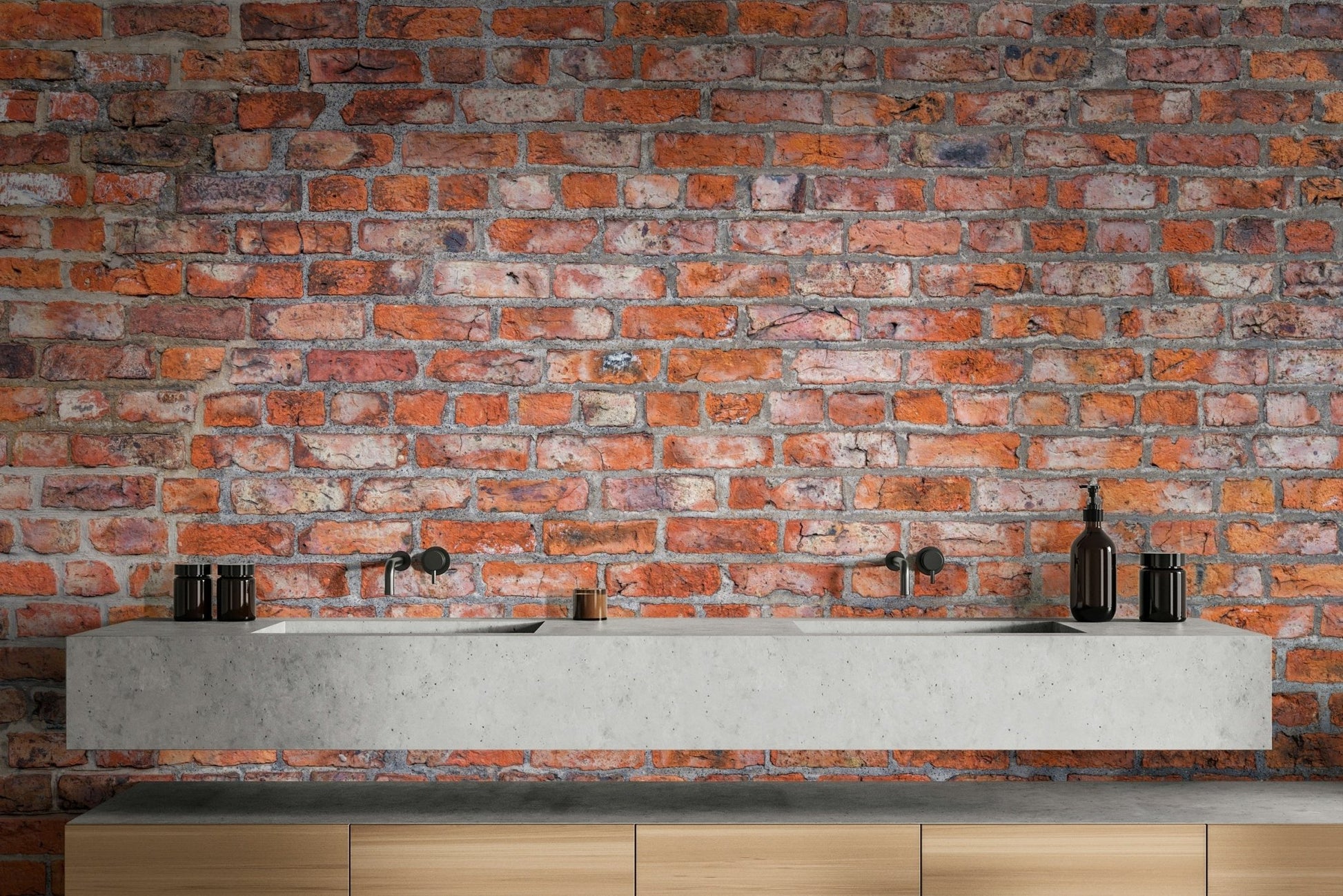Faux brick wall mural with vintage industrial charm.