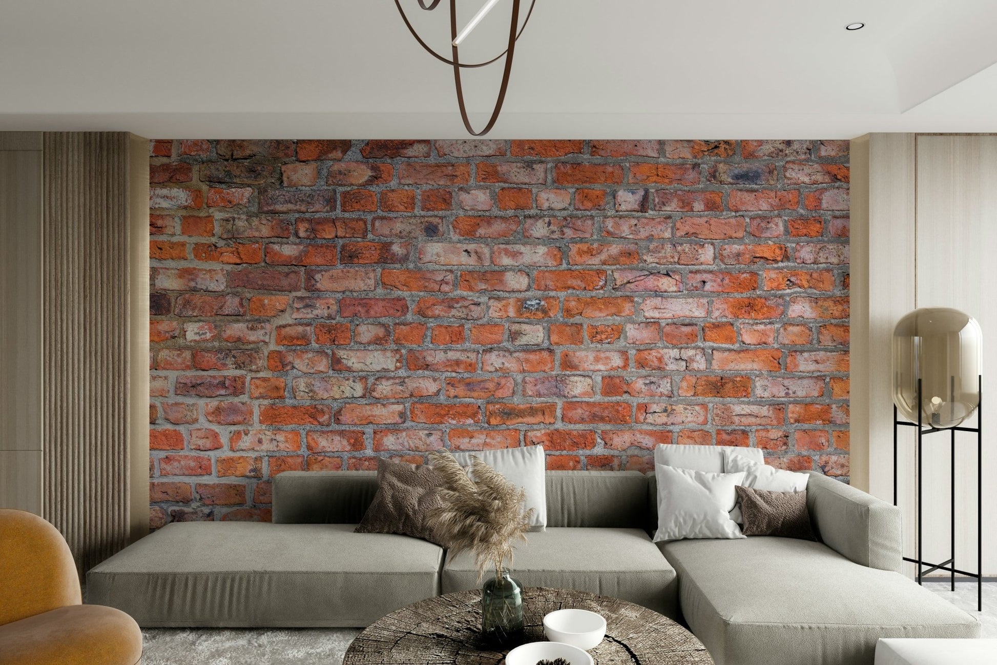 Exposed brick effect wallpaper in rustic red tones.