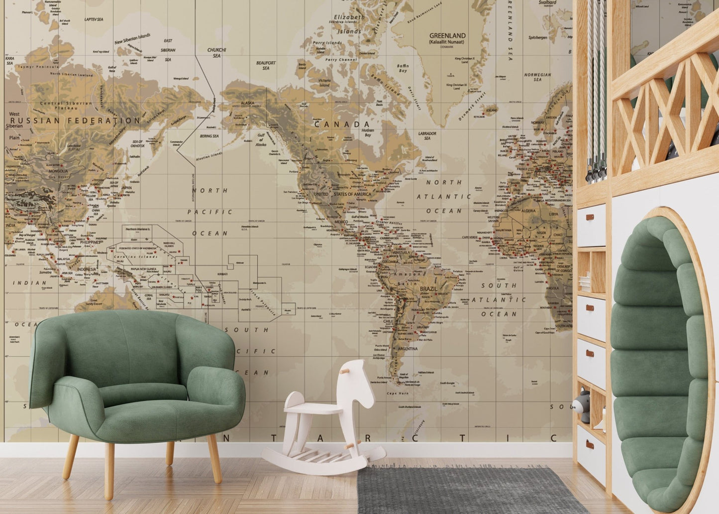 Antique brown map mural for walls
