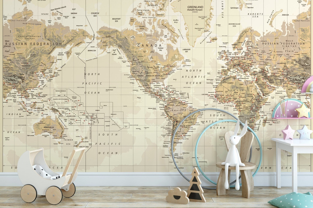 Brown-toned vintage world map mural

