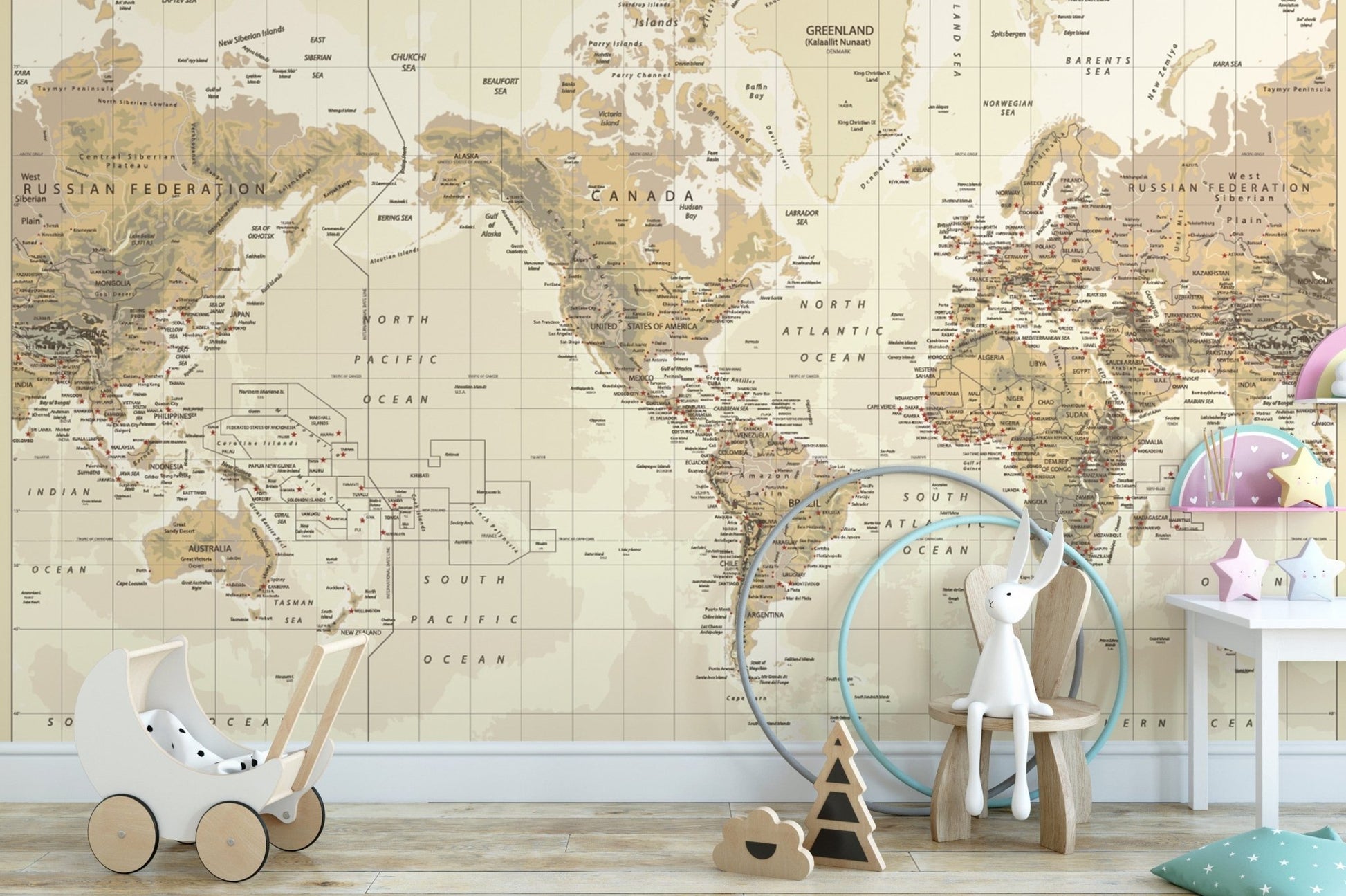 Brown-toned vintage world map mural

