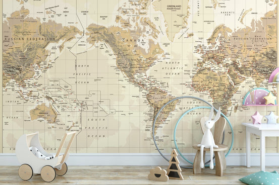 Brown-toned vintage world map mural B101
