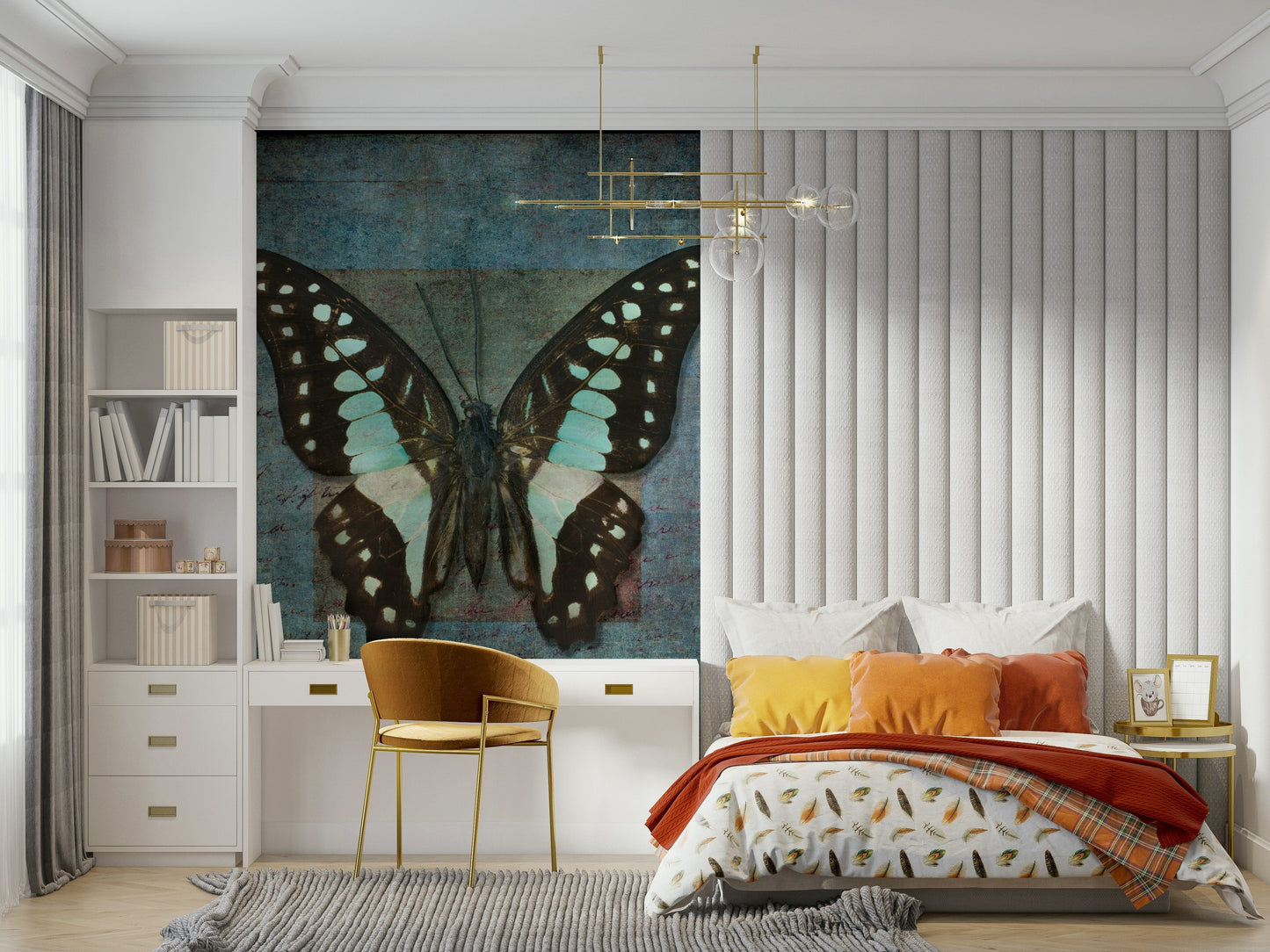 Pastel landscape wall mural with floating butterflies and golden dust.