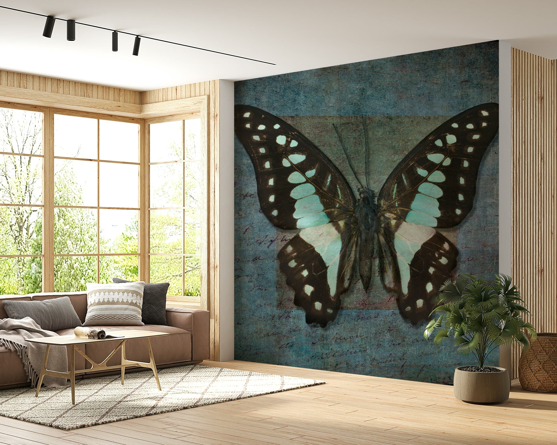 High resolution wall mural of a peaceful butterfly flight in a forest.