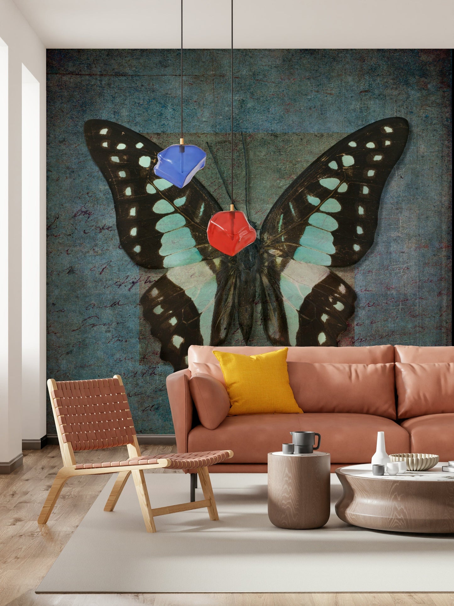 Artistic botanical wallpaper with soft-focus butterflies and garden mist.