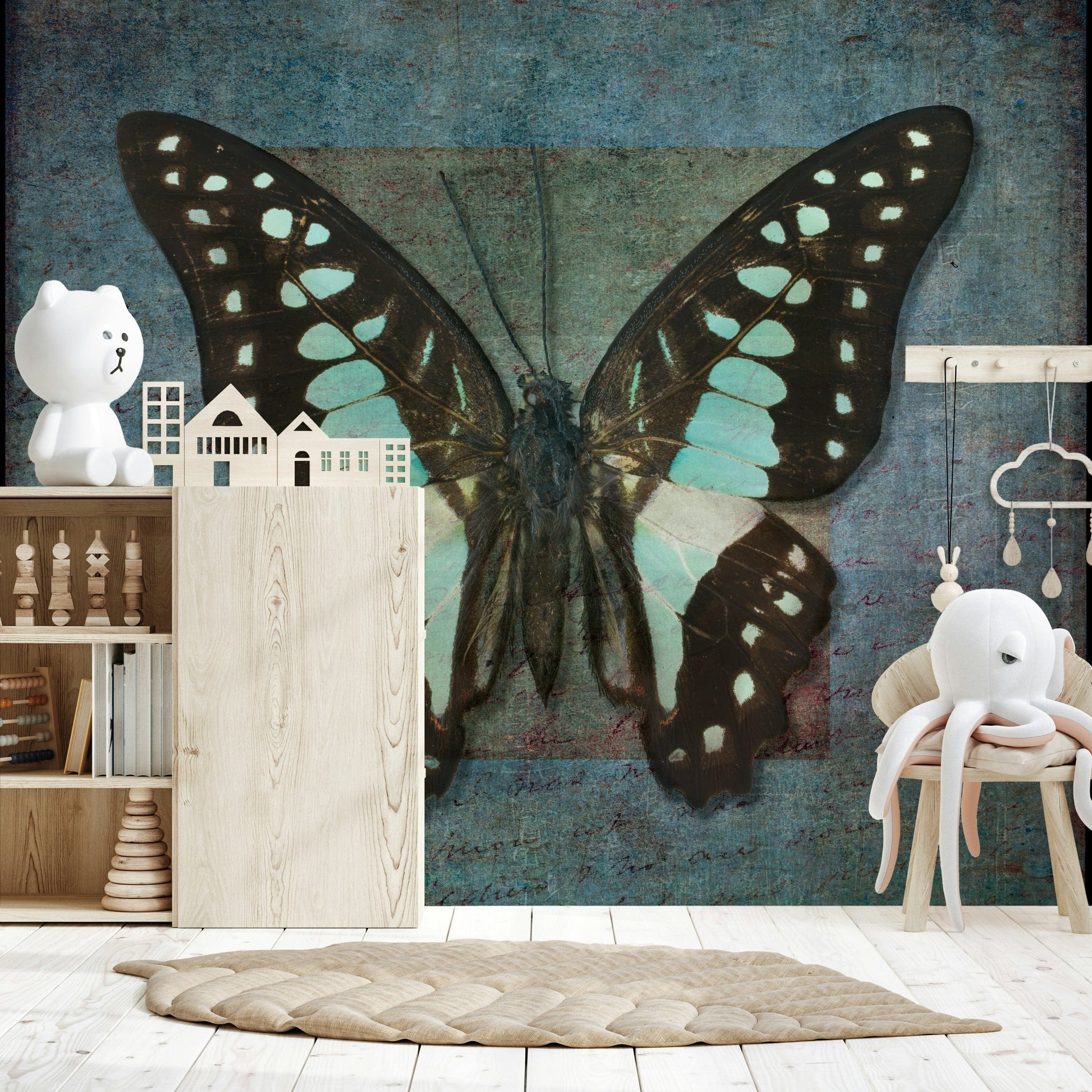 Whimsical nature wall mural illustrating a dreamlike meadow with insects.