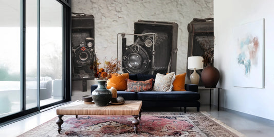 Vintage Camera Trio wall mural with three old folding cameras on display