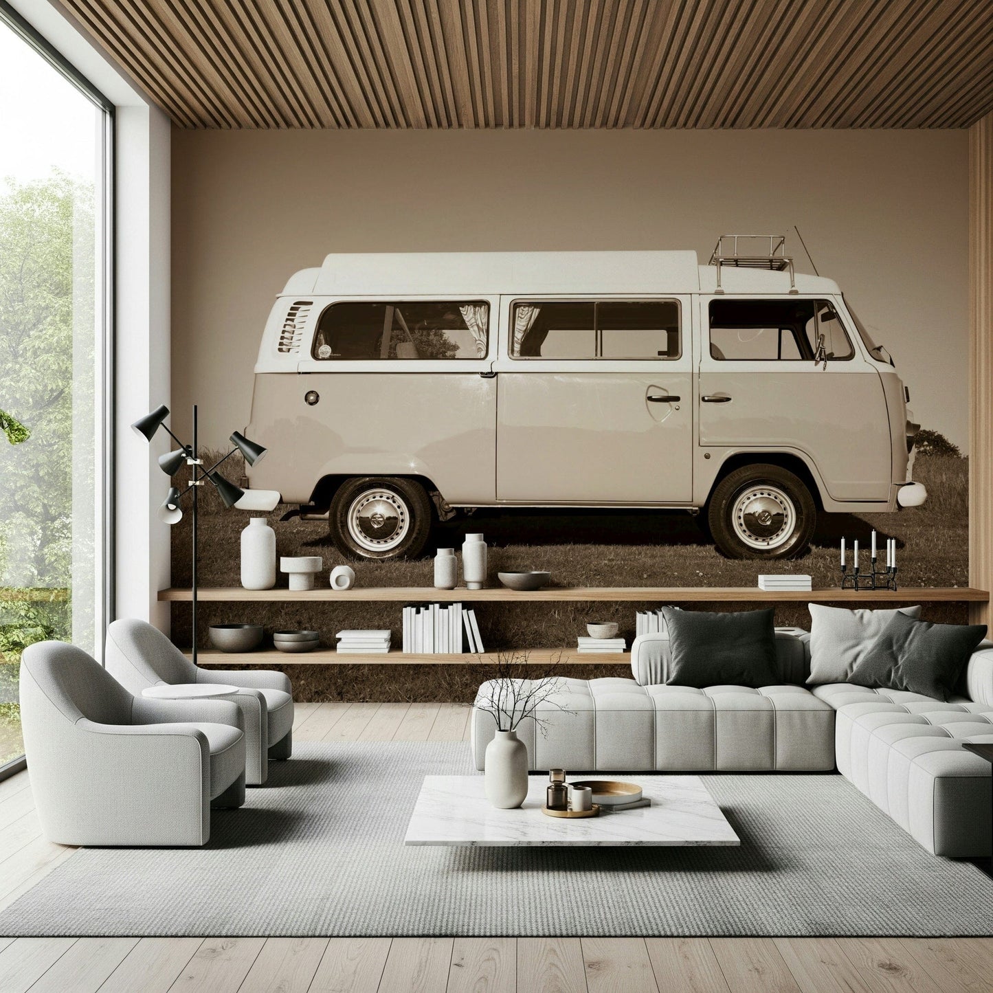 Automobile enthusiast wallpaper, cool Vintage Camper Van aesthetic mural.
